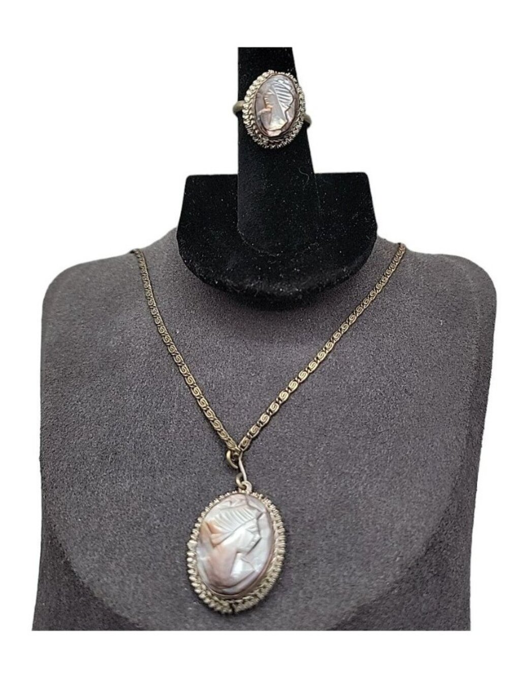 Vintage Italian Signed BS 800 Silver Mother of Pearl Carved Cameo Necklace Ring